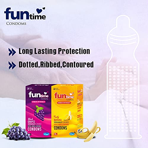 Image of Funtime Flavoured Dotted Ribbed And Contoured Long Lasting Condoms for Men Count 10 - Combo (Pack of 2 Black Grapes, Pack of 2 Fruity Banana) Total 40 pcs