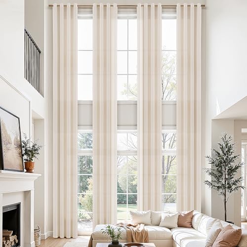 Image of Nanspring Beige Linen Curtains 132 Inch Length for Living Room Bedroom Extra Long Grommet Modern Farmhouse Coastal Decor Cotton Textured Beige Sheer Linen Curtain for High Window 52x132,2 Panels Set