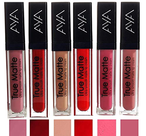 Image of AYA True Matte Liquid Lipstick, Ultra Smooth Matte Lip Cream, Set of 6 | Smooth Lip Color, Weightless Finish Intense Color Payoff | Silky Matte Finish | Long Lasting Matte Finish | Matte Lipstick Liquid