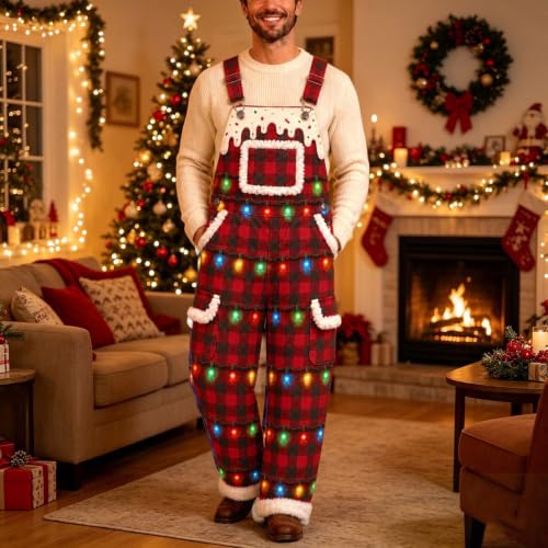 Mens Christmas Overalls Plaid Holiday Light Print Fuzzy Trim Jumpsuit - image 4