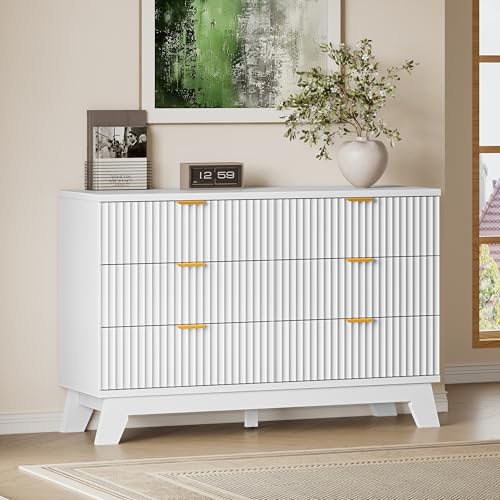Image of BORNOON Fluted 6 Drawer Dresser, 47.2 inch Wide Modern Boho Chest of Drawers, Wooden Storage Dresser TV Stand for Bedroom, Living Room, Closet, Hallway, Curved Profile Design