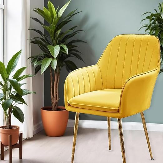 Image of Set of 2 Velvet Dining Chairs, Cushion Seat Chair for Living Room Bedroom Restaurant, Modern Contemporary Upholstered with Polished Rosegold Metal Legs (Yellow)