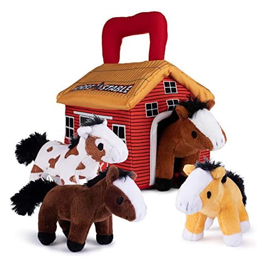 Plush Creations Plush Horse Toys for Kids. Playset Includes Stable Carrier with 4 Cuddly Interactive Talking and Neighing Plush Toy Horses. Best Gift for Girls Or Boys Toddlers and Babies.