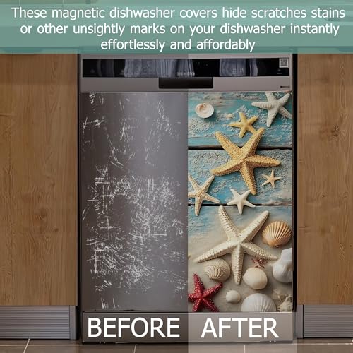 Image of Beach Starfish Dishwasher Magnets Decorative Cover,Summer Blue Wood Board Waterproof Magnetic Dishwasher Cover Panel,Refrigerator Magnet Cover for Kitchen Home Decor 23x26 Inch