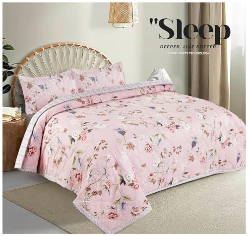 Image of Amazon Brand - Umi 100% Cotton Quilted /Ultrasonic 280 Tc Printed King Size Soft Bed Cover /Bedsheet /Bedspread Comforter with 2 Pillow Shams /Cover, (Luxurious, 90 x100 inches, Pink & Beige & White)