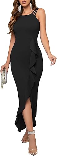 CORSKI Vestido de noche formal para mujer con dobladillo con volantes vestido largo de sirena dividido elegante vestido de invitada de boda