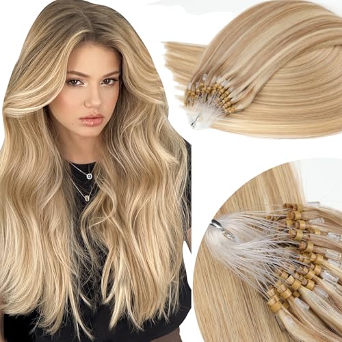 Eliysako Microlink Hair Extensions Human Hair Golden Brown mix Bleach Blonde 18inch 50g/pack Micro Loop Microbead Hair Extensions Real Smooth Human Hair Cold Fusion For Women