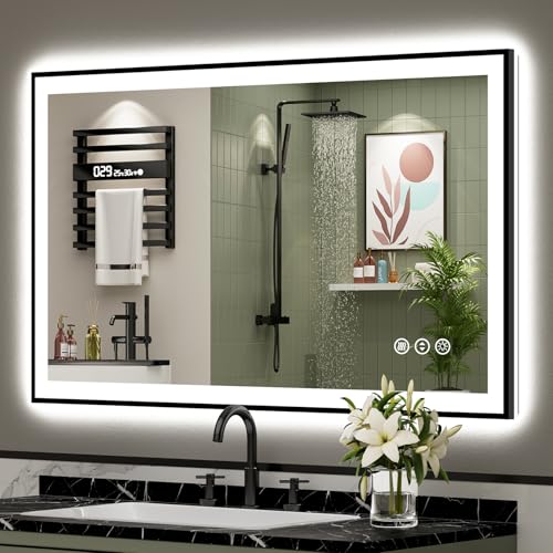 Image of 48x30 Black Framed LED Bathroom Mirror with Lights, Backlit and Front Lit Anti-Fog Lighted Vanity Mirrors for Bathroom Wall, Dimmable, 3 Colors, Memory, HD Tempered Glass, Horizontal /Vertical