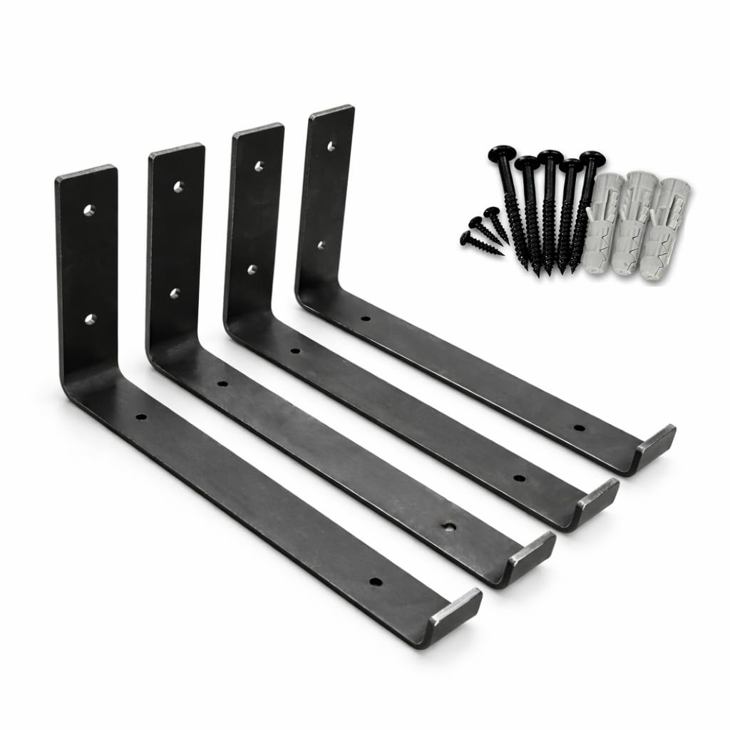 MKGT Set of 4 Heavy Duty Steel Shelf Brackets for Scaffold Board Shelving, 225mm Wall Mounted Rustic Industrial Supports, Raw Steel
