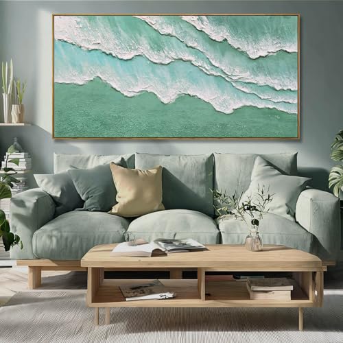 Image of Green Abstract Framed Canvas Wall Art,Modern White Wave Wall Decor,Neutral Minimalist Green And White Color Water Art Print for Living Room,Bedroom,Dining Room, Office 29 inchx58 inch