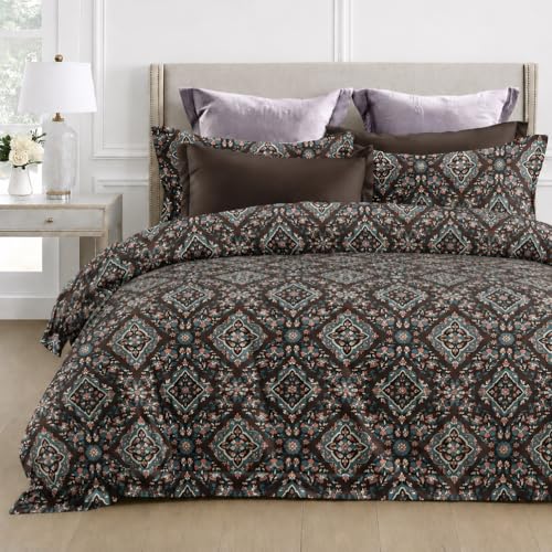 Image of DECOR2ADMIRE Super King Size Premium Bedsheet 108 x 108 Inches | 300 Thread Count | Glace Cotton | with 2 Pillow Covers | Abstract Prints | (Brown Teal Print)