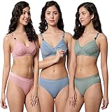 Narsingha Dreams Women's Cotton Non Padded Wire Free Maternity Breastfeeding Nursing Mother Bra Panty Lingerie Set Honeymoon Bikni Set Combo Pack of 3 (Eng Mother Set-P3_Multicolor_34) Multicolour