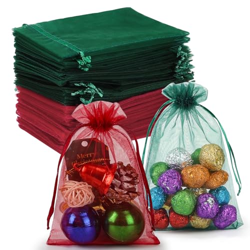 Image of HRX Package 100pcs Organza Bags Dark Green & Red, 4x6 inch Small Christmas Gift Bags Mesh Candy Jewelry Pouches