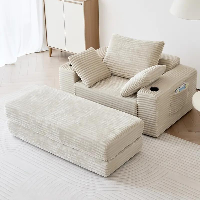 Cozy 3-in-1 Plush Corduroy Sofa Set – Convertible Chaise Lounge with Movable Ottoman & Pillows, Soft Sleeper for Living Room or Bedroom – Available in Caramel, Cream, or Grey (Sophisticated Grey)