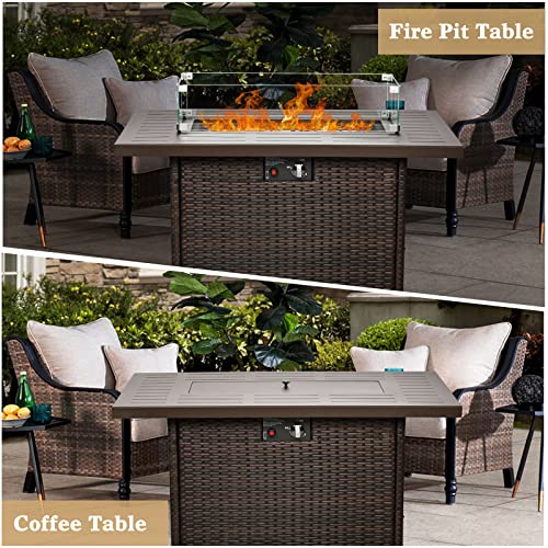Vakollia Propane Fire Pit Table,44 Inch 55000 BTU Outdoor Gas Fire Pit Rectangular with Glass Wind Guard for Outside Patio Deck (Brown-Aluminum Top)