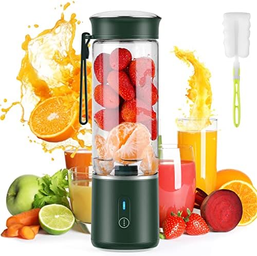 Portable Blender, BlumWay Hand Smoothie Travel Blender Cup, Fruit Mixer, 7.4V Motor Mini Blender for Fruit Juice,Milk Shakes,Baby Food, 400ML, Rechargeable,New Sharp 6 Blades for Great Mixing, Green