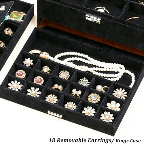 QBestry Jewelry Box for Women with Drawer, 3-Layer Large Jewelry Organizer with Lock & Key, 8 Necklace Hooks & 56 Earring Holes, Black Velvet Jewelry Storage Box for Necklaces Earrings Rings Bracelets by QBestry - Image 6