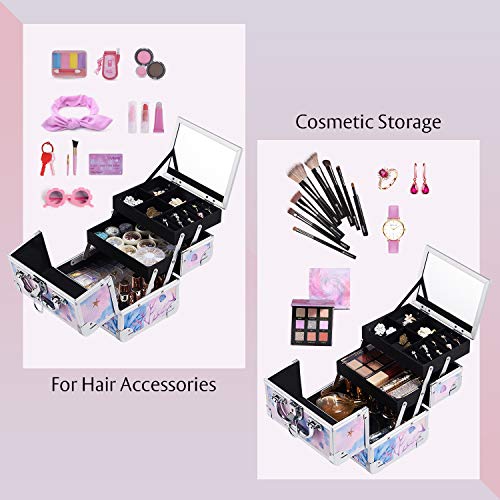 Joligrace Makeup Train Case For Girls Cosmetic Box Kids Jewelry Organizer Hair Accessories Storage Lockable With 2-Tier Trays & Mirror Mermaid Princess #TOP3