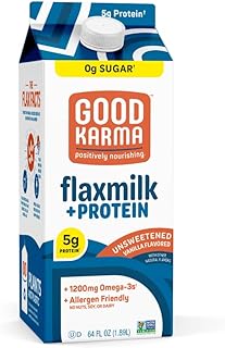 Good Karma Unsweetened Vanilla Flaxmilk +Protein, 64 Ounce, 5g Plant Protein + 1200mg Omega-3 Per Serving, Plant-Based Non-Dairy Milk Alternative, Lactose Free, Nut Free, Vegan