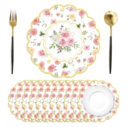50 Pcs Floral Paper Placemats 13.4 Inch Pink Watercolor Roses Flower Place Mats Disposable Placemats Mats for Dinner Table Setting Spring Summer for Birthday Wedding Anniversary Bride Party Supplies
