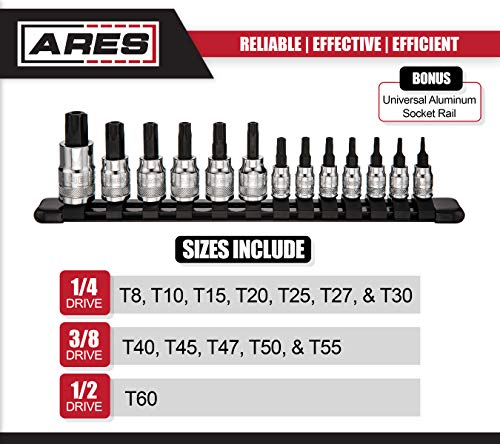 Ares 70103-13-Piece Security Torx Bit Socket Set - 1/4-Inch, 3/8-Inch, And 1/2-Inch Drive - Sizes Range From T8-T60 #TOP1