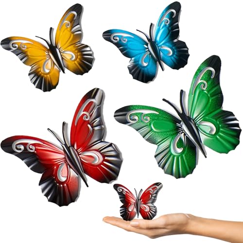 XcnPer Butterfly Garden, 4 Piece Metal Butterfly Wall Decor Set, Vibrant Outdoor Garden Ornaments for Fence and Patio, Includes 2 Large and 2 Small Butterfly Wall Art in Deep Green, Red, Blue, Yellow