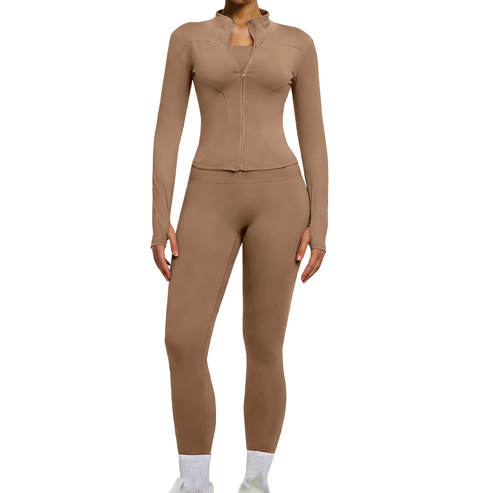 Set da palestra da donna, 2 pezzi, a maniche lunghe, con cerniera, con leggings nascosti, set da allenamento a vita alta, leggings morbidi e aderenti, per pilates, yoga, jogging, abbigliamento
