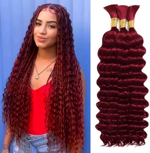 AKONSOUL Human Braiding Hair 110g 3 Bundles 16 Inch Deep Wave Bulk Human Hair No Weft Brazilian Virgin Deep Curly Human Hair Extensions Wet and Wavy 99J Burgundy Braiding Hair for Micro Braids