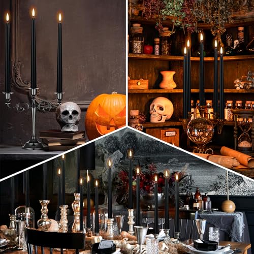 Image of Wondise Halloween Flameless Taper Candles with Remote & Timer, 4 Pack Black Candles Battery Operated LED 3D Wick Flickering for Halloween Table Decorations