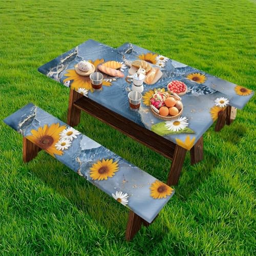 Cugasmaru Picnic Table Covers with Elastic Sunflower 8 Ft Fitted Picnic Table Cover with Bench Covers 3 Piece Set Camping Gear Waterproof Stain Resistant Reusable Flannel Backing