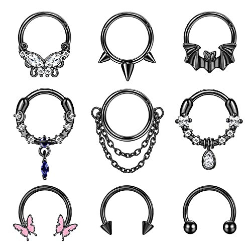 Sanfenly 9Pcs 16G Septum Rings for Women Men Stainless Steel Dangle Septum Jewelry Blue Planet Teardrop CZ Butterfly Bat Spiked Daith Earrings Hoop Nose Rings Cartilage Helix Septum Piercing Jewelry