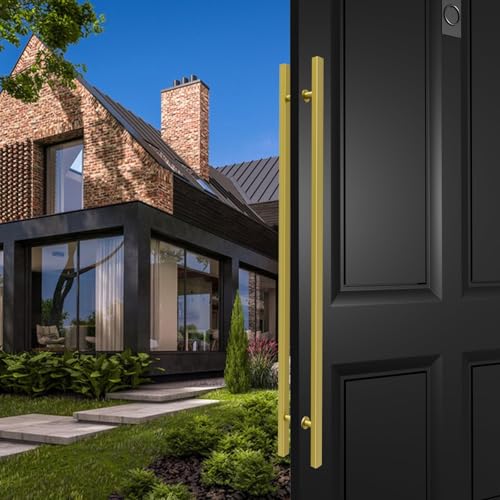 Image of 59 inch Titanium Gold Square Barn Door Pull Handle Double Sided | Heavy Duty 304 Stainless Steel, 47-1 /4 inch Hole Spacing, Fits 3 /4 inch-2 inch Thick Barn, Front Entry, Sliding & Exterior Doors