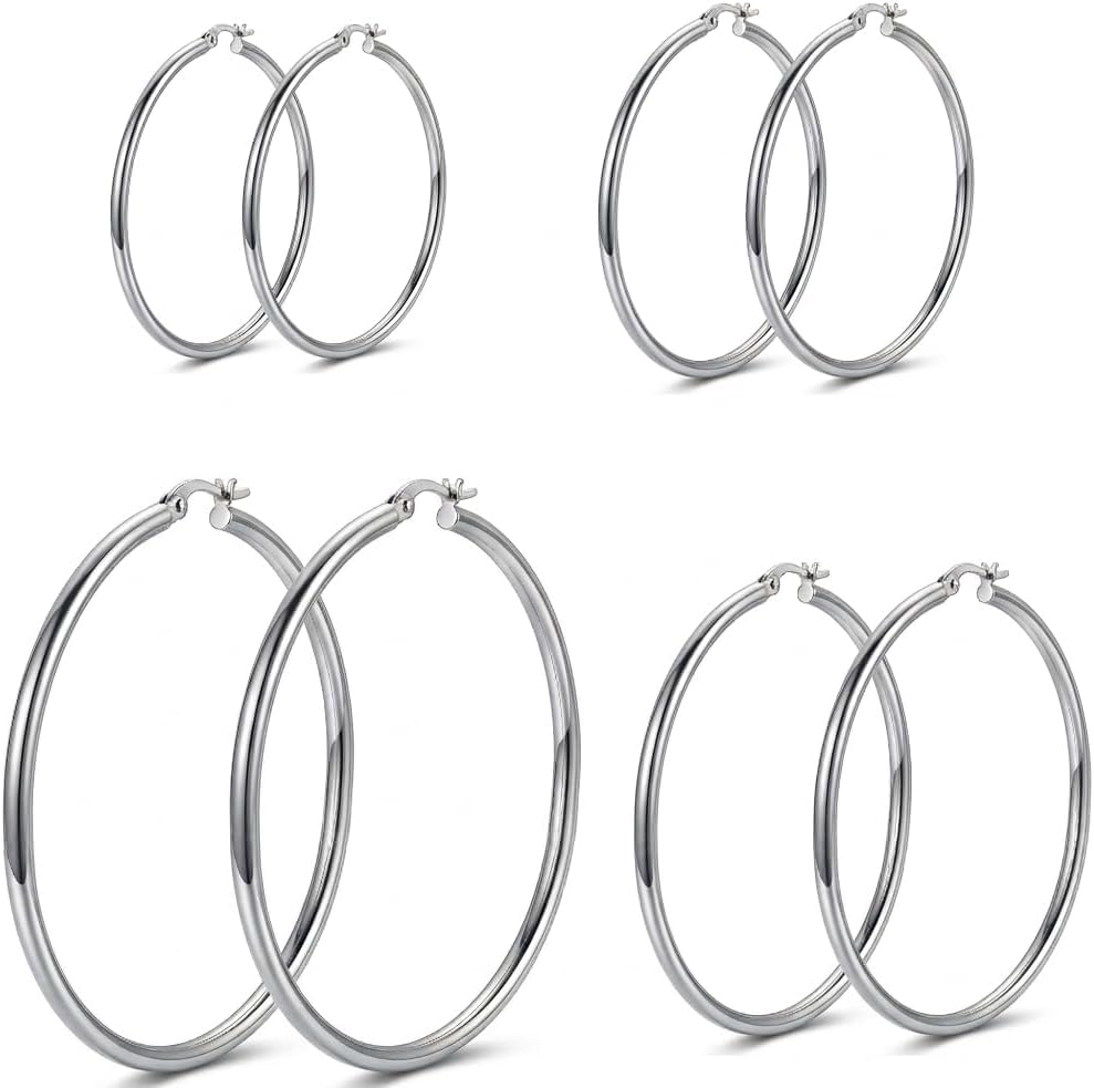 4 Pairs Silver Gold Hoop Earrings for Women,30/40/50/60 mm Stainless Steel 14K Silver Gold Plated Loop Earrings for Women Hypoallergenic Fashionable Lightweight Big Women Earrings Loop Earrings Set