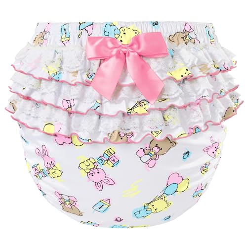 Image of Littleforbig Silky Washable Reusable Waterproof Ruffled Lace Bow Baby Cuties Pattern Ruffle Adult Diaper Cover M