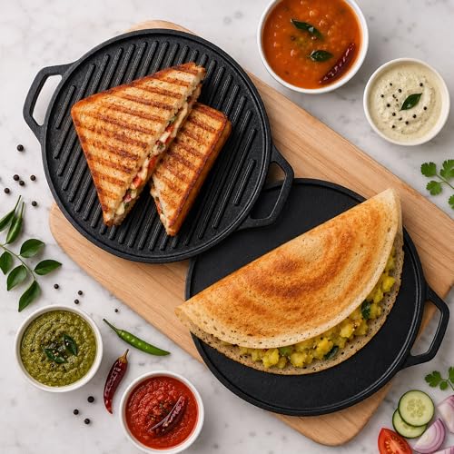 Image of Cast Iron 2-in-1 Dosa Tawa | Pre-Seasoned Non-Stick Iron Grill Tawa | Heavy Duty Non-Toxic Cookware | Even Heat Distribution | Gas Stove & Induction Compatible, Black, 30cm, 2.8kg