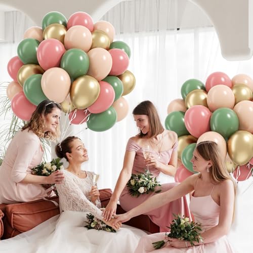 Image of 60pcs Pink and Green Balloons, 12 Inch Sage Green Dusty Pink Metallic Gold Nude Balloons with White Ribbon for Birthday Baby Shower Party Decorations