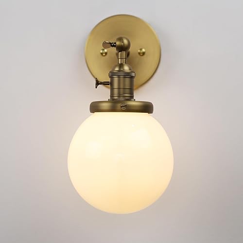 Miniatura 9 de Pathson Aplique de pared cableado con globo blanco, luz de tocador de baño de latón con interruptor de encendido y apagado, lámparas de pared