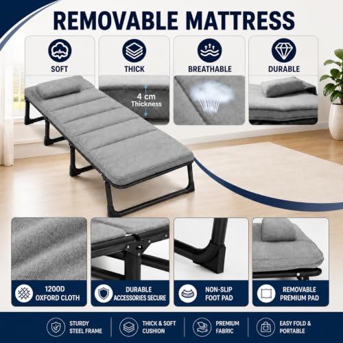 Image of Hukimoyo Folding Bed Single for Sleeping 6 in 1 Adults Foldable Portable Camping Cot with Adjustable Reclining Backrest Lounge Chair Recliner for Home Office Travel Balcony and Outdoor Use (200 kg)