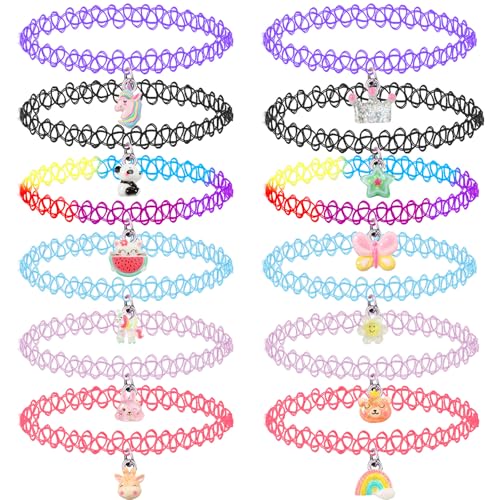 12PCS Choker Necklace Set for Kids Teens Girls Women, Pendant Charm Unicorn Rainbow Panda Cat Heart Flower Mermaid Chokers Henna Tattoo Stretch Elastic Black Pink Green Blue Red