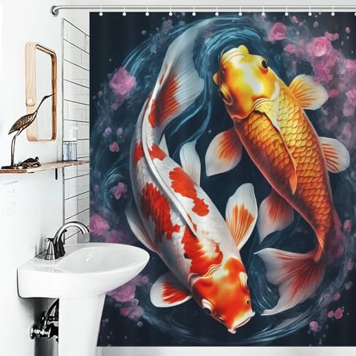 Rideau de douche poisson koï tissu polyester imperméable 152x183 cm lavable avec crochets
