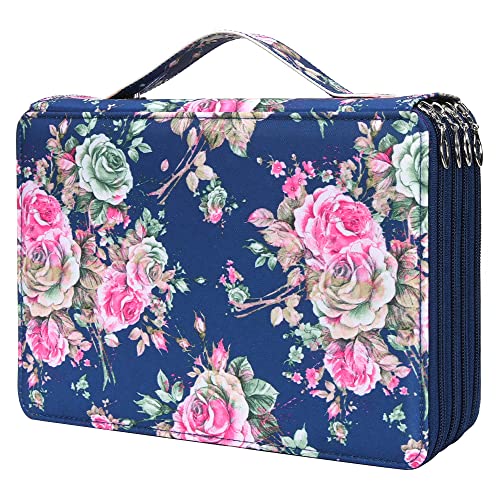 Image of Vomgomfom 200 Slots Pencil Case 4-Layer PU Leather, Handle, Blue Rose