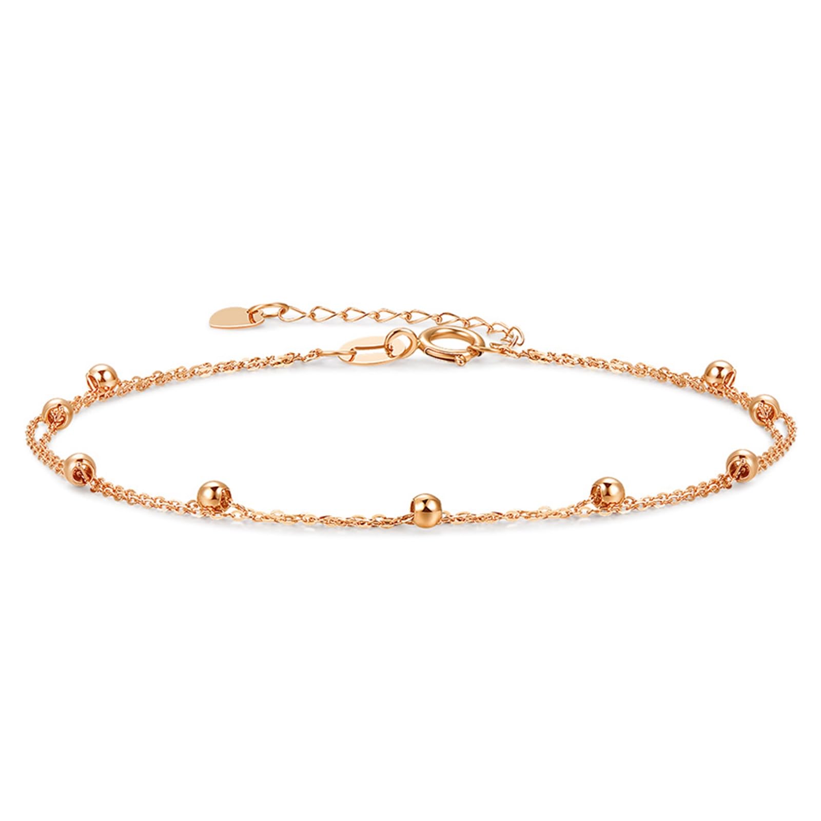 Bracciale Oro Rosa 18k/14k/9k, Bracciale Catena Doppia con Perline 16-18 cm Estensione 4 cm, Braccialetti Donna Matrimonio