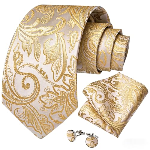 Image of DiBanGu Mens Paisley Tie Set Silk Woven Jacquard Necktie and Pocket Square Cufflinks Gift Set for Wedding Bussiness