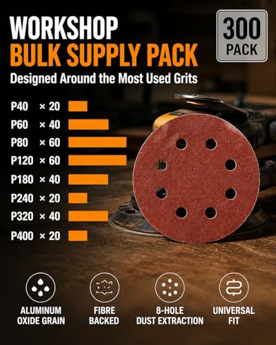 Image of 300PCS 5 inch Hook & Loop Sanding Discs, 8 Hole, P40-P400 Assorted | random orbital sander pads, wood metal automotive finishing, workshop sanding supply kit