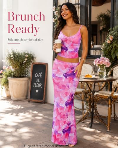 Image of Two Piece Skirt Set Women Maxi Long Skirt and Top Outfit | Soft stretchy 5 pc, slim bodycon, adjustable spaghetti straps, ruched crop tank, elastic waist, going out, beach vacation