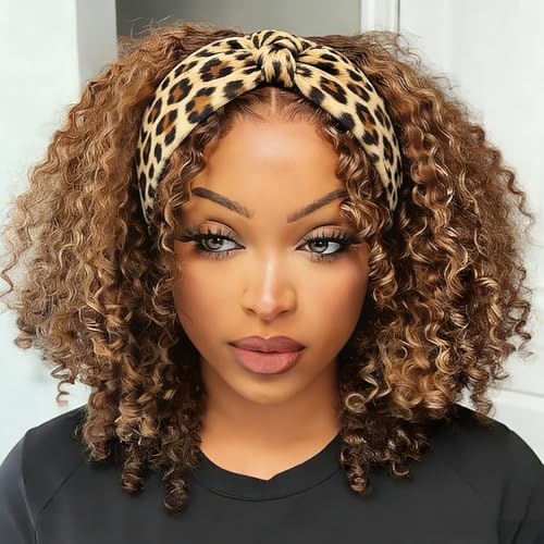 Image of XSY Headband Wig Human Hair Highlight Ombre Kinky Curly Headband Wigs for Black Women None Lace Front Wigs 150% Density 4 /27 Highglight Wig 12 Inch