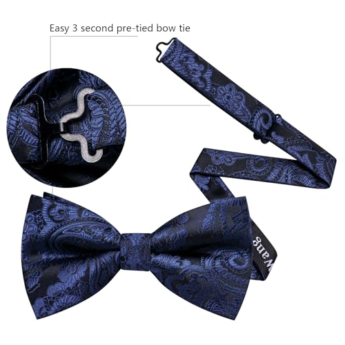 Image of Barry.Wang Paisley Striped Bow Tie for Men Silk Pre-Tied Bowtie Pocket Square Cufflinks Set Formal Wedding Party Prom