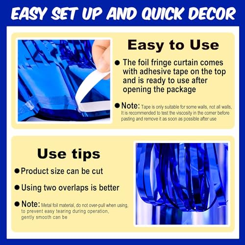Image of 3 Pack Blue Foil Fringe Curtains Backdrop, 3.28 x 9.8 Ft Metallic Streamers Tinsel Curtains Background for Photo Booth, Birthday, Halloween, Christmas, Thanksgiving, New Year Party Decorations