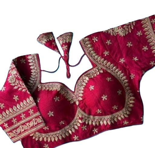 Classic Vichitra Silk Embroidered Women Blse Ethnic Festive Short Sleeve Saree Designer Traditional Top-image-24