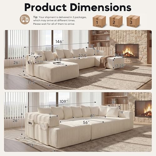 Image of Oversized Cloud Boneless Couch with Chaise, 146 inch Modern U Shape Modular Deep Seat Sectional Sofa, Comfy Corduroy Upholstered Couches for Living Room, No Assembly Required-Beige